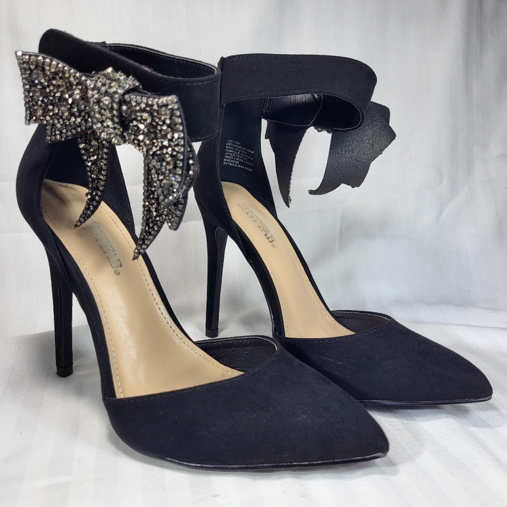 JustFab Lucy Black Pumps Heels SHOES Womens Size 7W Bling Bow Point Toe Just Fab